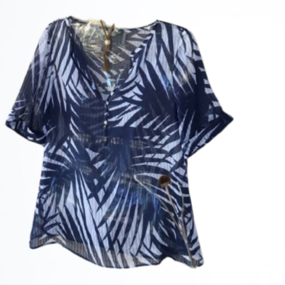 TOMMY BAHAMA Voile Silk Blend Sheer Blue Tropical Palm Print Top M